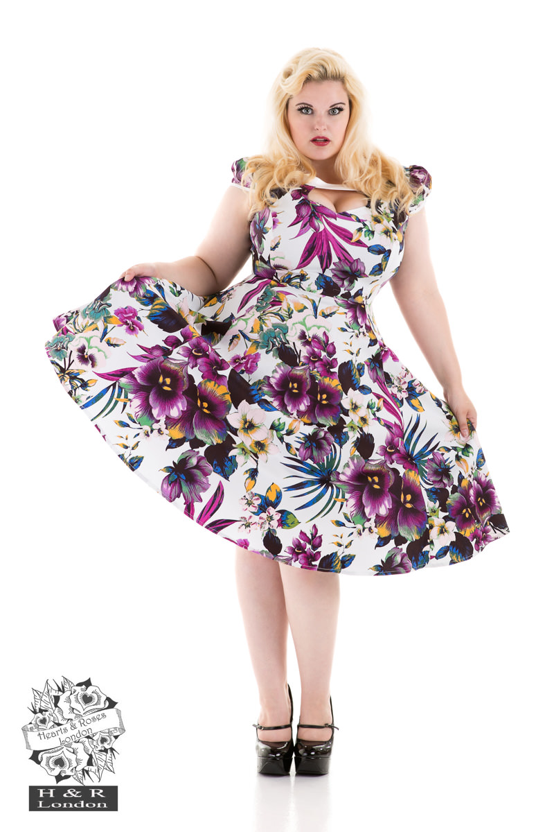 White Purple Pansies Floral Swing Dress